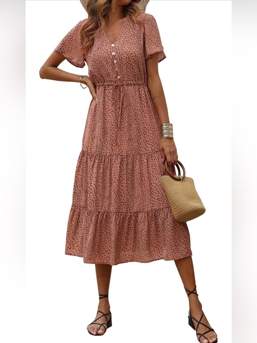 Drawstring V-Neck Tiered Midi Dress in Rust Dot